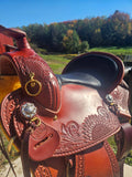 16" Imus 4-Beat Gaited Saddle Standard Tree Sunflower Tooling (Brand New!)-Phoenix Rising Saddles Gaited Horse Tack